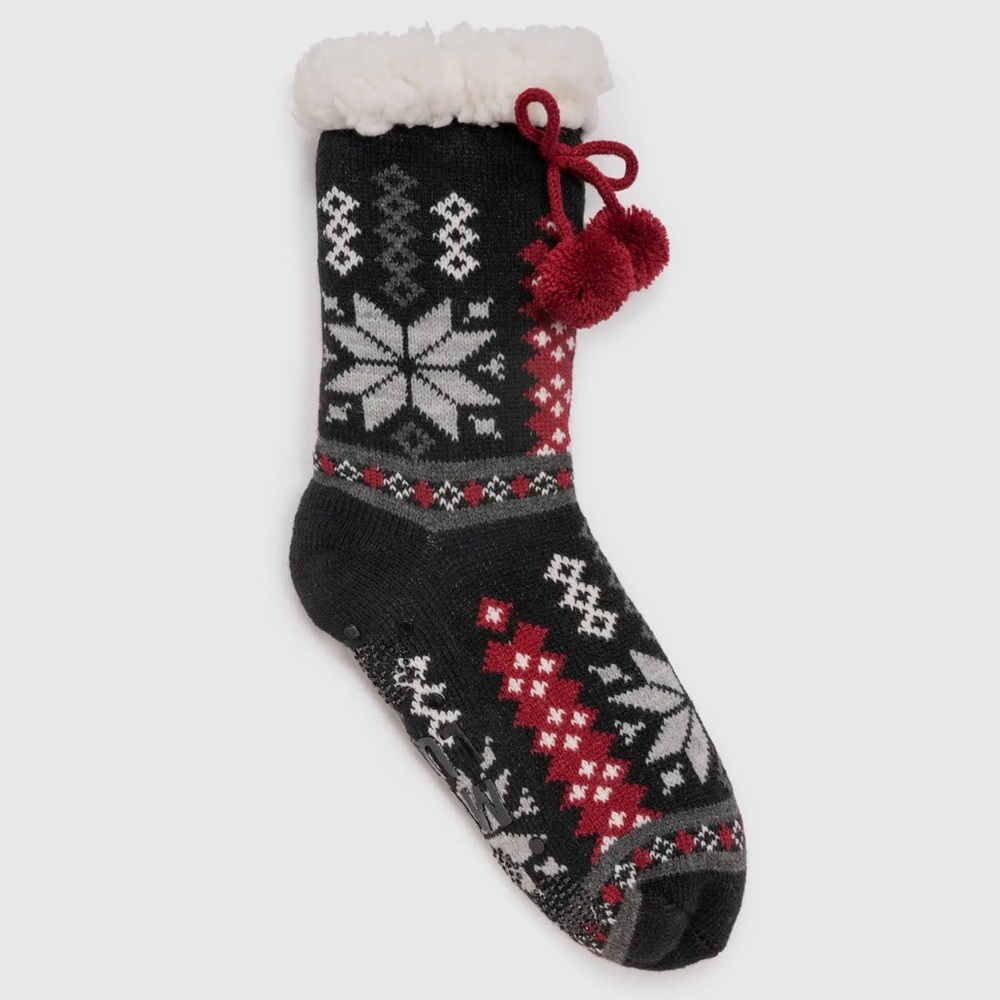 Muk Luks Black and Red Snowflake Sherpa Lined Cabin Slipper Socks with Pom Poms